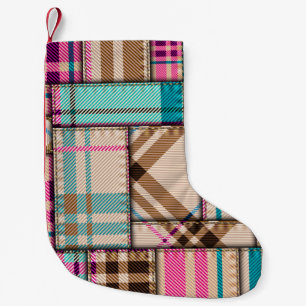 Patchwork Karierter, Vintager Nahtloser Hintergrun Kleiner Weihnachtsstrumpf