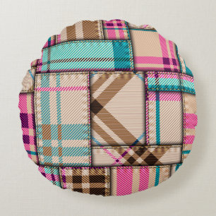 Patchwork Karierter, Vintager Nahtloser Hintergrun Rundes Kissen
