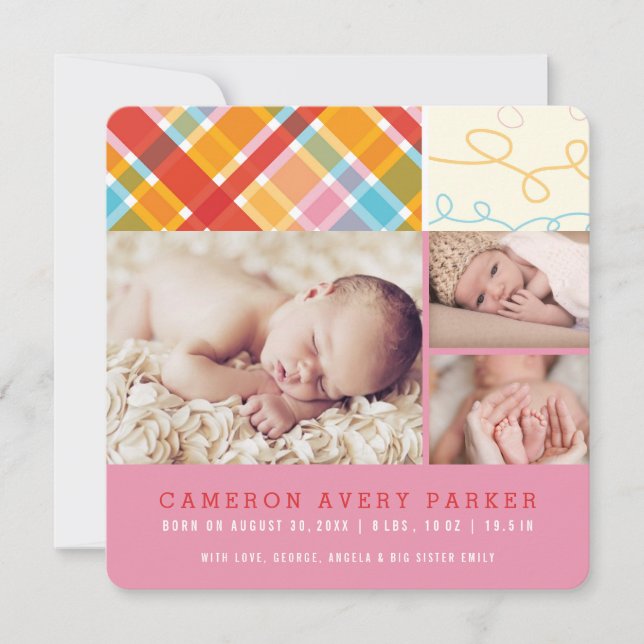 Patchwork Karos Baby Girl Birth Announccard Ankündigung (Vorderseite)