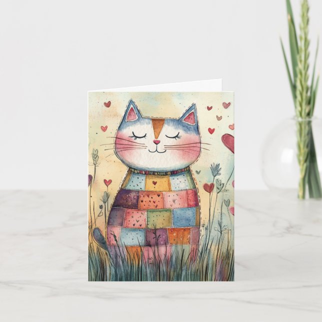 Patchwork Katze Valentine Ferienkarte Feiertagskarte (Vorderseite)