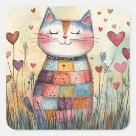 Patchwork Katze Valentine Quadratischer Aufkleber