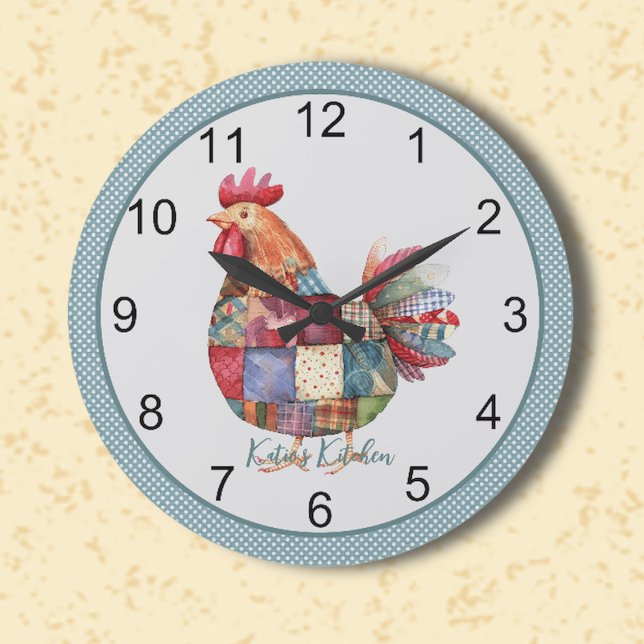 Patchwork Kitchen Hen and Polka Dots Große Wanduhr (Von Creator hochgeladen)