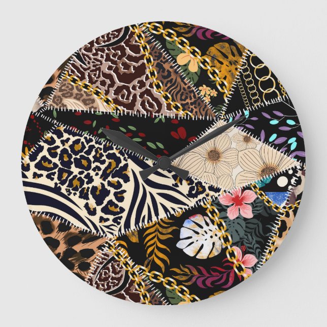 Patchwork Leopard: Ethnic Lining Design. Große Wanduhr (Vorderseite)