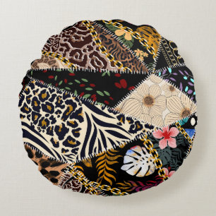 Patchwork Leopard: Ethnic Lining Design. Rundes Kissen