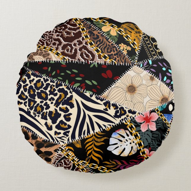 Patchwork Leopard: Ethnic Lining Design. Rundes Kissen (Vorderseite)