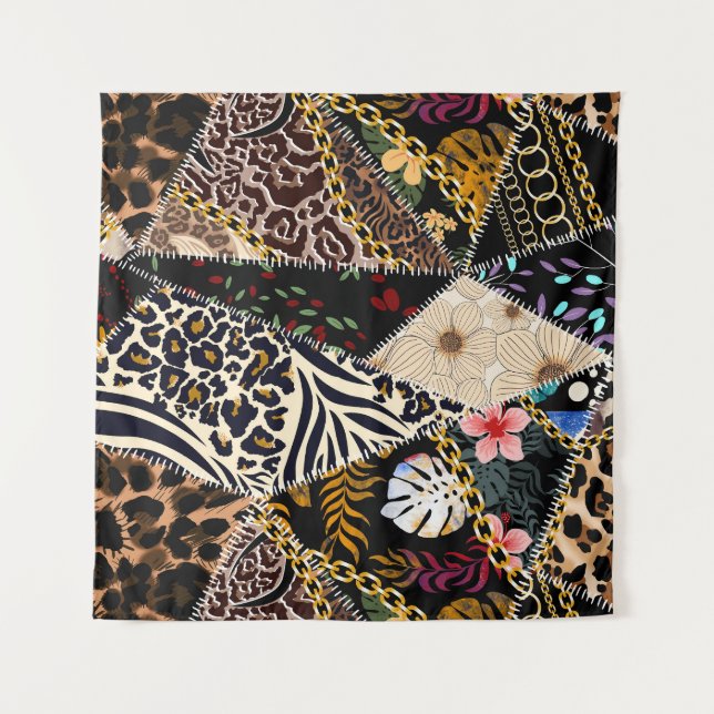 Patchwork Leopard: Ethnic Lining Design. Wandteppich (Vorderseite)