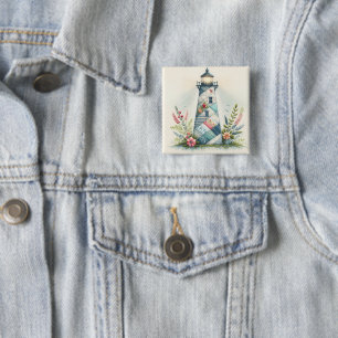 Patchwork-Leuchtturm-Küstenblumen-Szene Button
