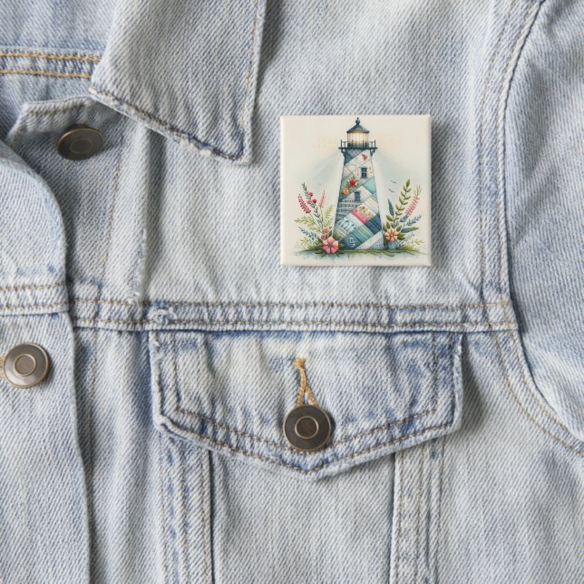 Patchwork-Leuchtturm-Küstenblumen-Szene Button (Beispiel)