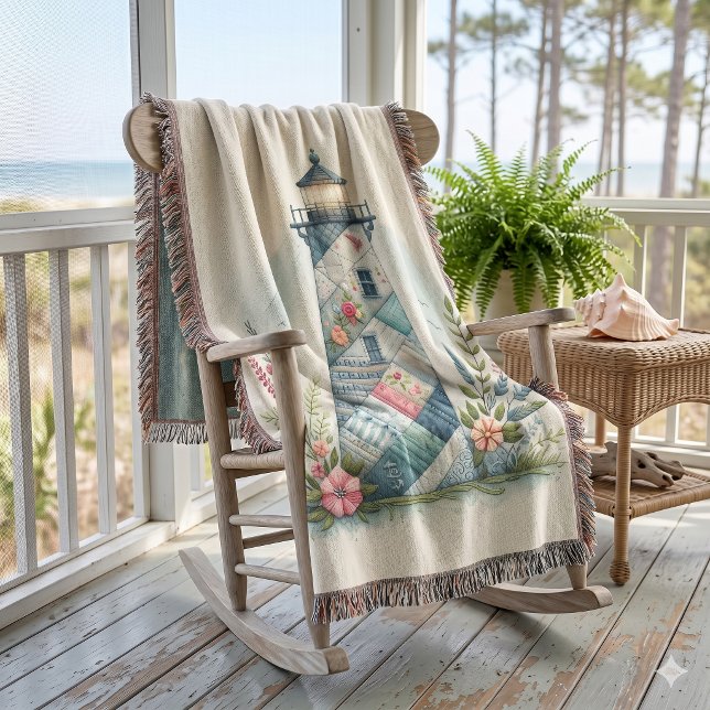 Patchwork-Leuchtturm-Küstenblumen-Szene Decke (Patchwork Lighthouse Coastal Floral Scene Throw Blanket)