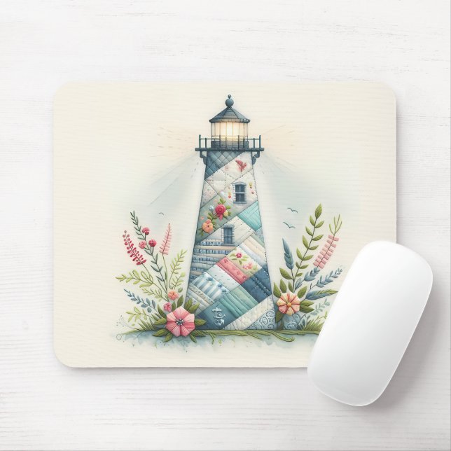 Patchwork-Leuchtturm-Küstenblumen-Szene Mousepad (Mit Mouse)