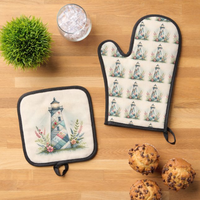 Patchwork-Leuchtturm-Küstenblumen-Szene Ofenhandschuh & Topflappen-Set (Oben Unten)