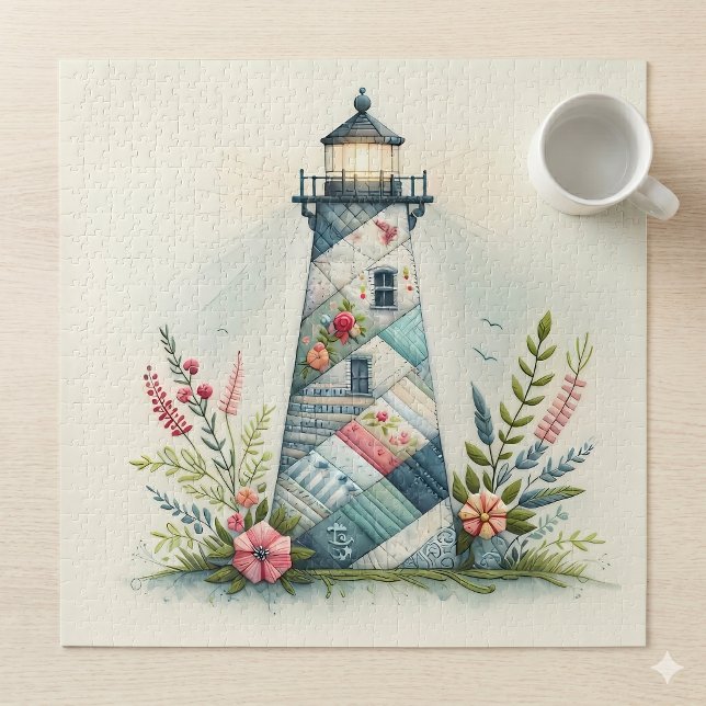 Patchwork-Leuchtturm-Küstenblumen-Szene Puzzle (Patchwork Lighthouse Coastal Floral Scene Jigsaw Puzzle)