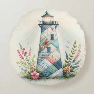 Patchwork-Leuchtturm-Küstenblumen-Szene Rundes Kissen