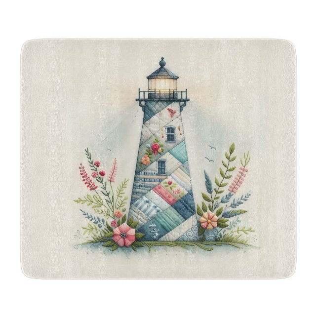 Patchwork-Leuchtturm-Küstenblumen-Szene Schneidebrett (Vorderseite)