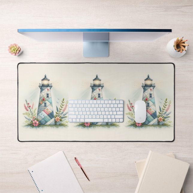 Patchwork-Leuchtturm-Küstenblumen-Szene Schreibtischunterlage (Büro 1)