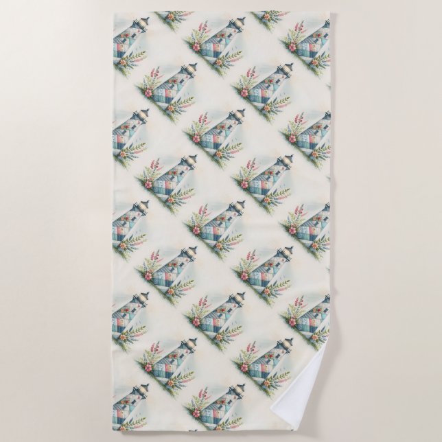 Patchwork-Leuchtturm-Küstenblumen-Szene Strandtuch (Vorderseite)