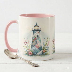 Patchwork-Leuchtturm-Küstenblumen-Szene Tasse