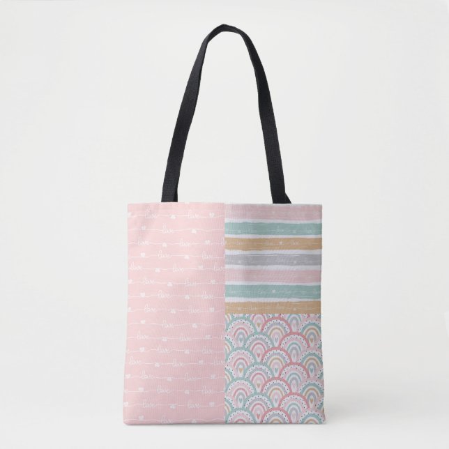 Patchwork Liebe Hearts Rainbow Pastel Tote Bag (Vorderseite)