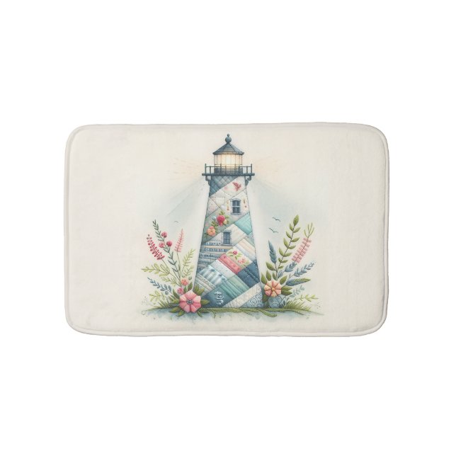 Patchwork Lighthouse Coastal Floral Scene Badematte (Vorderseite)