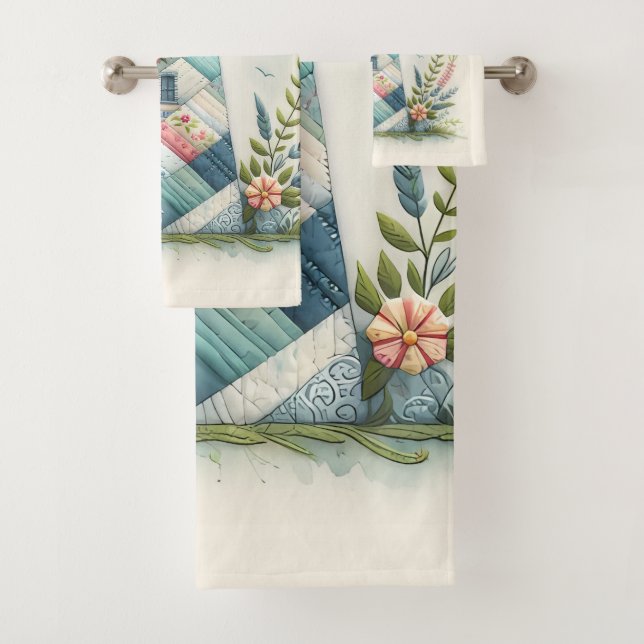 Patchwork Lighthouse Coastal Floral Scene Badhandtuch Set (Insitu)