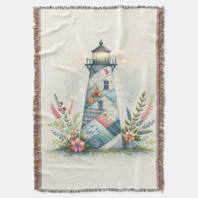 Patchwork Lighthouse Coastal Floral Scene Decke (Vorderseite Vertikal)