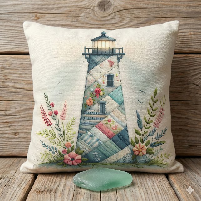 Patchwork Lighthouse Coastal Floral Scene Kissen (Patchwork Lighthouse Coastal Floral Scene Throw Pillow Mockup B1)