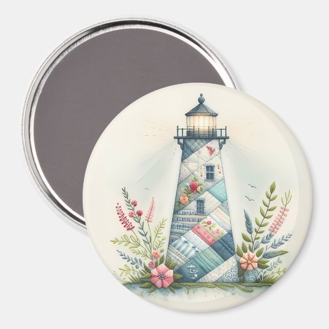 Patchwork Lighthouse Coastal Floral Scene Magnet (Vorderseite/Rückseite)