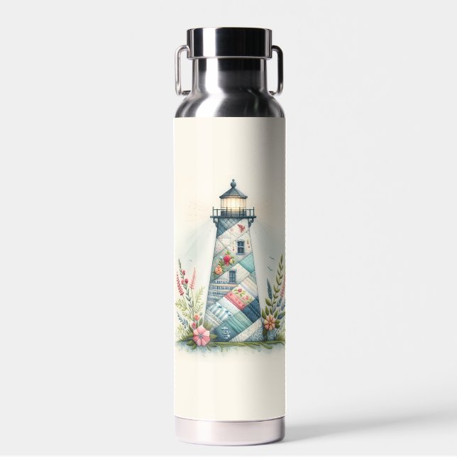 Patchwork Lighthouse Coastal Floral Scene Trinkflasche (Vorne)
