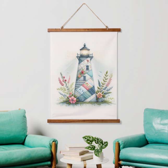 Patchwork Lighthouse Coastal Floral Scene Wandteppich Mit Holzrahmen (Wohnzimmer)