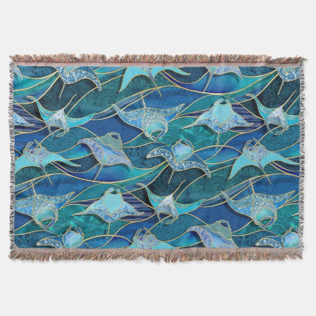 Patchwork Manta Rays in Sapphire Türkise Blue Decke (Vorderseite)