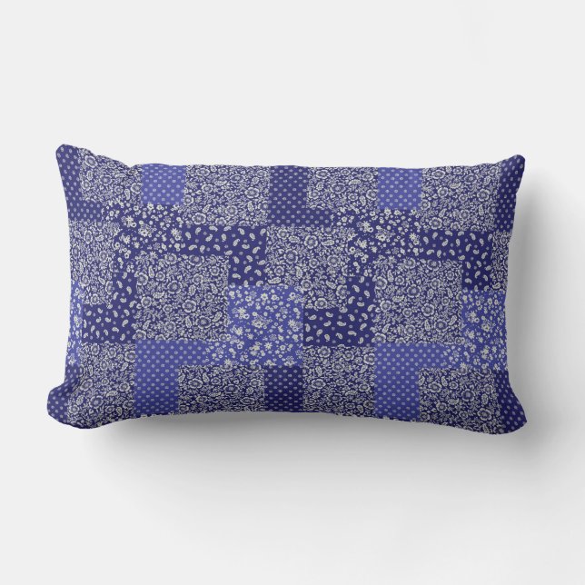 Patchwork Muster Chintz Shades of Blue Polka Dot Lendenkissen (Vorderseite)