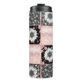 Patchwork-Muster für rosa und schwarze Blume Thermosbecher