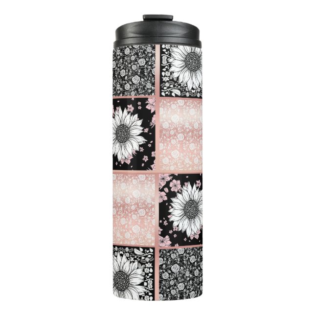 Patchwork-Muster für rosa und schwarze Blume Thermosbecher (Vorderseite)