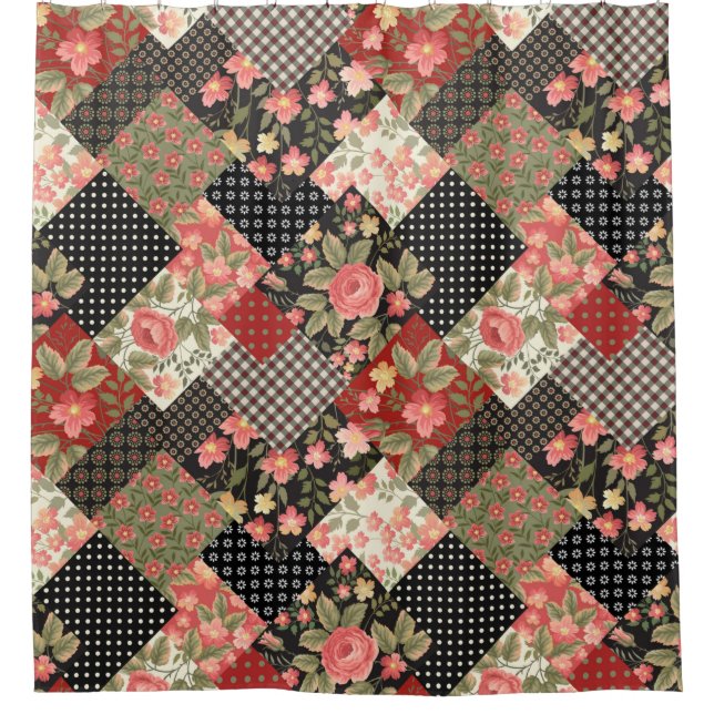 Patchwork Muster Geometrische Blume Polka Dots Duschvorhang (Vorderseite)