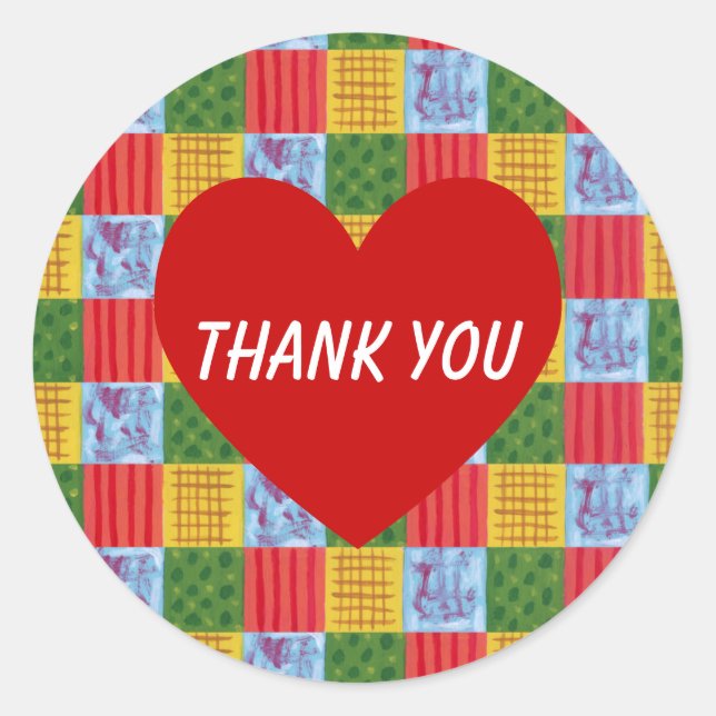 Patchwork Mustergemälde & Rotes Herz Runder Aufkleber (Vorderseite)