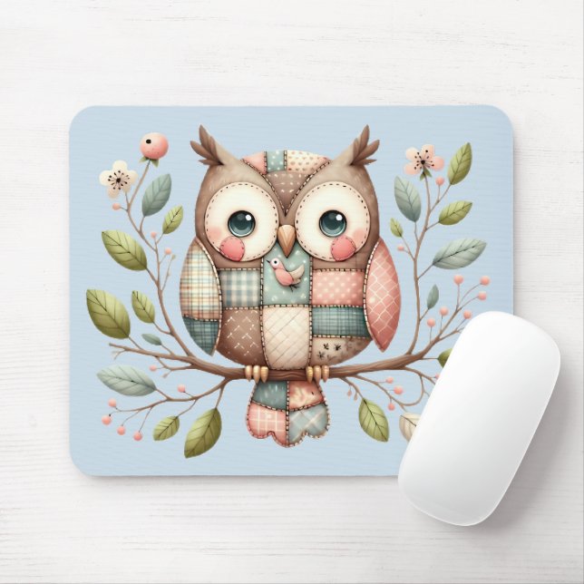 Patchwork Owl in Whimsical Woodland Mousepad (Mit Mouse)