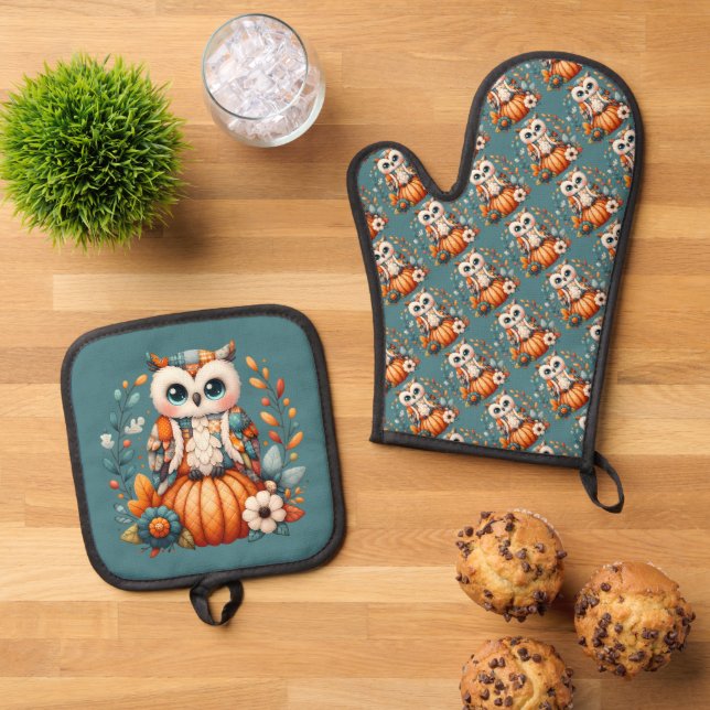 Patchwork Owl on Pumpkin - Cottcore Fall Ofenhandschuh & Topflappen-Set (Oben Unten)