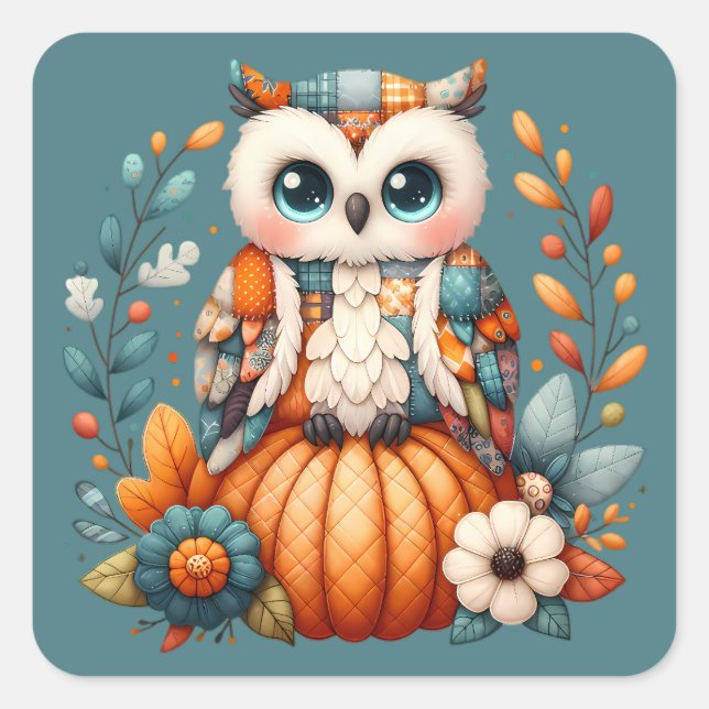 Patchwork Owl on Pumpkin - Cottcore Fall Quadratischer Aufkleber (Vorderseite)