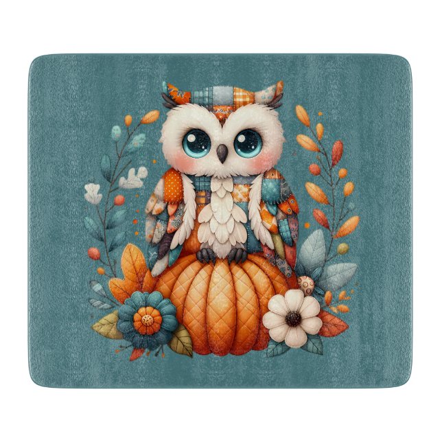 Patchwork Owl on Pumpkin - Cottcore Fall Schneidebrett (Vorderseite)