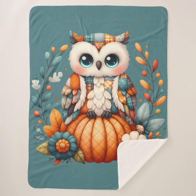 Patchwork Owl on Pumpkin - Cottcore Fall Sherpadecke (Vorderseite)