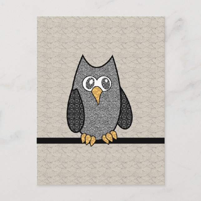 Patchwork Owl, Schwarz und Weiß mit Tan Hintergrun Postkarte (Vorderseite)