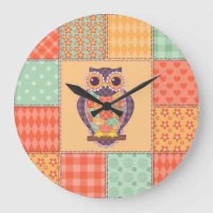 Patchwork Owl Vintages Nahtloses Muster Große Wanduhr