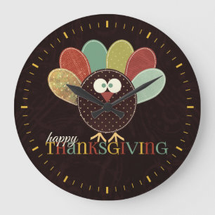 Patchwork Patterned Turkey for Thanksgiving Große Wanduhr