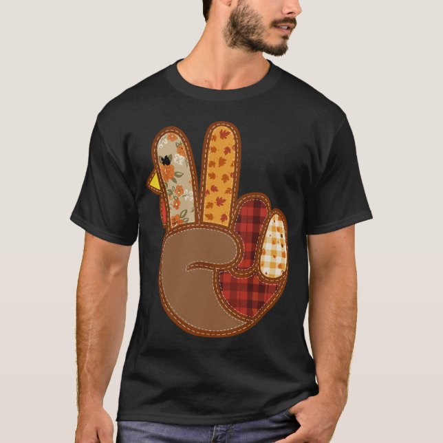 Patchwork Peace Sign Turkey Hand Thanksgiving Fall T-Shirt (Vorderseite)