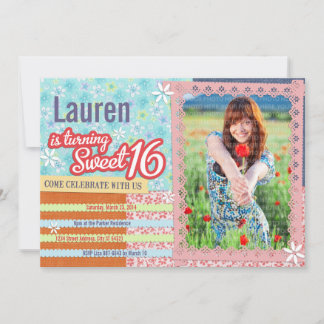 Patchwork & Pink Lace Sweet 16 Foto Einladung
