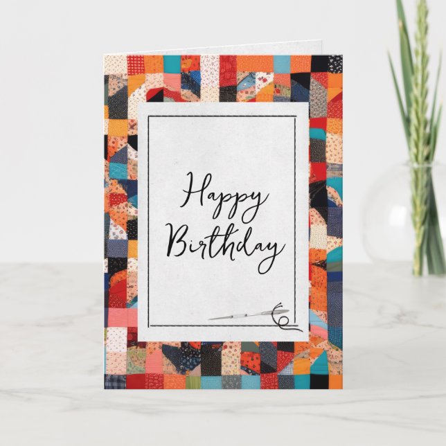 Patchwork Quilt and Needle Birthday Karte (Vorderseite)