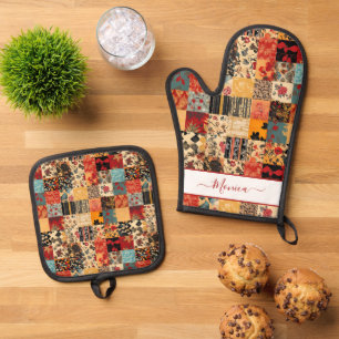 Patchwork-Quilt-Effekt Ofenhandschuh & Topflappen-Set