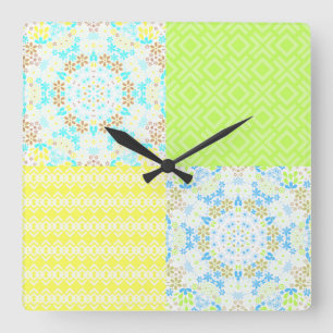 Patchwork-Quilt ornamental Retro-Vintage-Blumenmus Quadratische Wanduhr