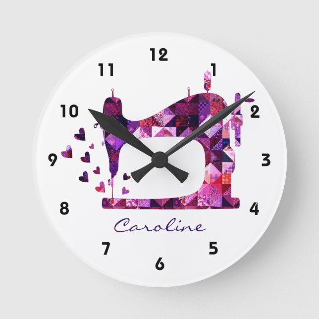Patchwork Quilt Purple Sewing Machine Wallclock Runde Wanduhr (Vorderseite)