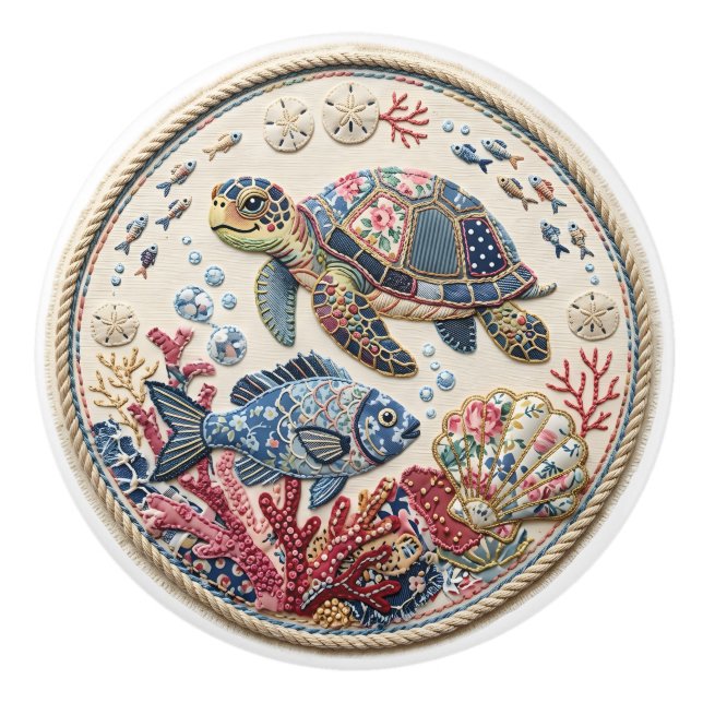 Patchwork-Quilt-Schildkröte und Fisch Keramikknauf (Vorderseite)